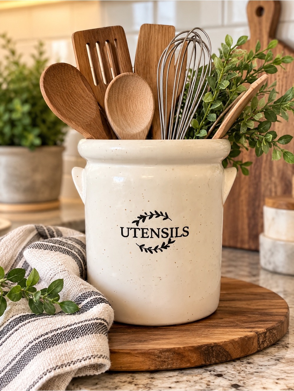 Farmhouse Cream Speckled Ceramic Utensil Crock Holder